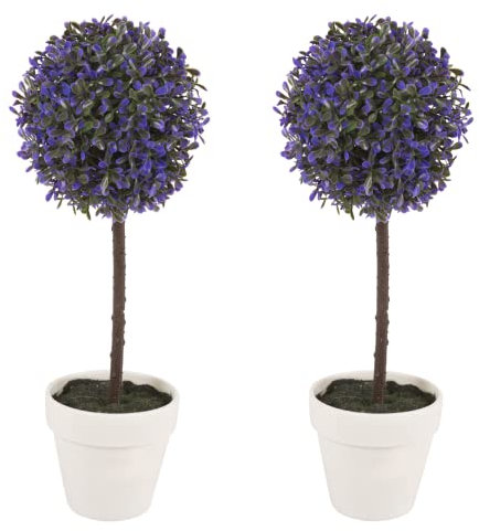 URBNLIVING Artificial Topiary Ball Box Tree Plant Set of 2 with Pot, 42 cm Large, Lavender