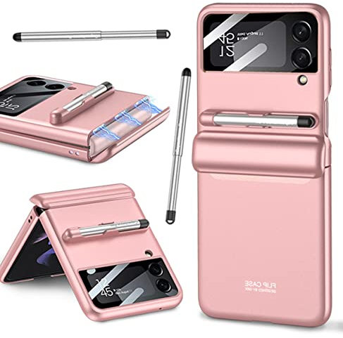 Miimall für Samsung Galaxy Z Flip 3 Hülle mit Silikon Stift + Scharnierschutz, All-Inclusive Kameraschutz Schutzhülle Hartes PC Ultradünn Rutschfester Schutz Case für Galaxy Z Flip 3 5G - Rosa