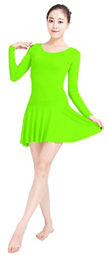 Lifup Damen Lange Ärmel Bodysuit Gymnastikanzug Ballettanzug Tanzkleid Kleid aus Spandex Neon Grün 3XL