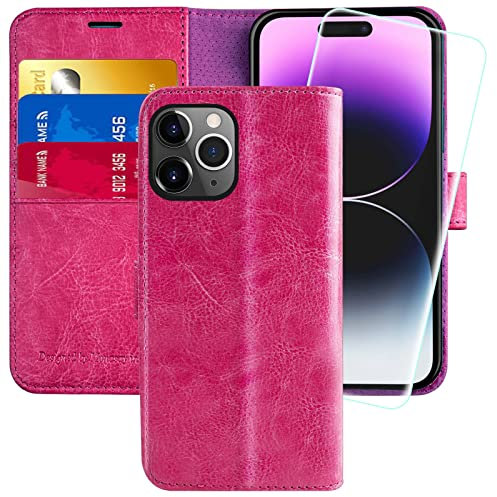 MONASAY Wallet Case for iPhone 14 Pro 5G,[Glass Screen Protector Included] [RFID Blocking] Flip Folio Leather Cell Phone Cover with Credit Card Holder for Apple iPhone 14 Pro 6.1-inch,Hot Pink