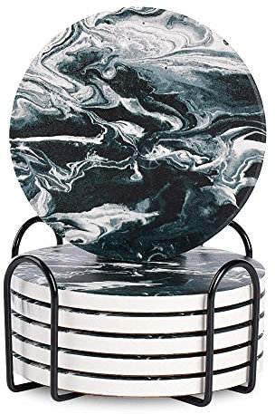Guruji Divinity Coasters for Drinks, Round Absorbent Ceramic Stone Set of 6 with Cork Base, Funny Drink Holder Cold Drinks Wine Mugs and Cups Tabletop Protection, 4 Inches (Black)