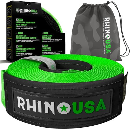 Rhino USA Cinghia di Traino (7,6 cm x 9,1 m) - Resistenza alla Rottura di 13.600 kg - Corda di Recupero di Emergenza per Camion, UTV, ATV - Cinghia di Recupero Heavy Duty per Uso Offroad 4X4 - Verde