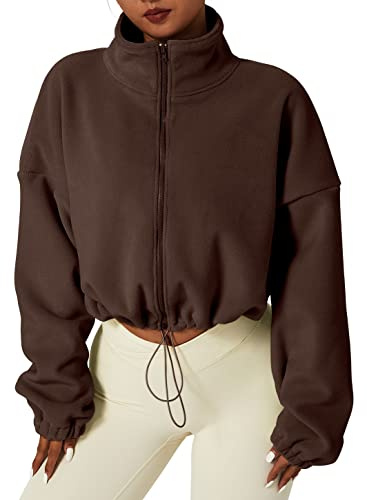 QINSEN Women's Full Zip Fleece Short Jacket Warm Winter Long Sleeve Stand Collar Sherpa Crop Coat, Caramel Coffee, Medium