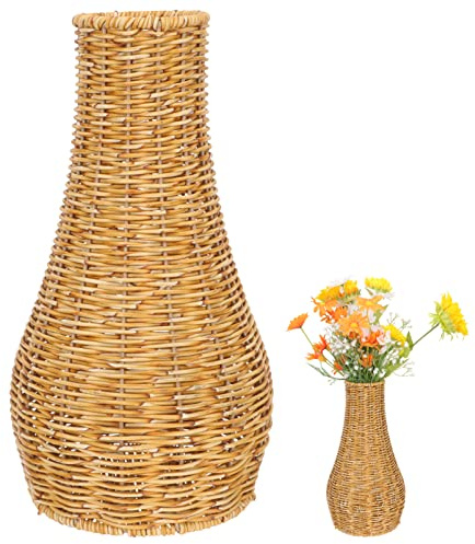 Yardwe Plastikvase Gewebte Blumenvase Im Rattan-Look Rustikale Deko Vase FüR BüRo Balkon Und Zuhause Dekorativer Blumenhalter FüR Getrocknete BlüTen