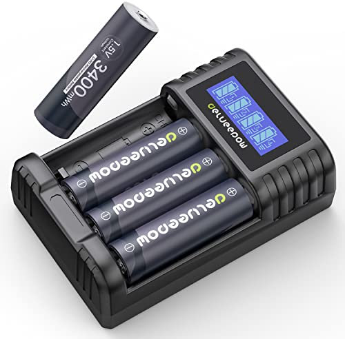Delyeepow Wiederaufladbare AA Akku Lithium 1.5V 3400mWh, 1500 Zyklen Wiederaufladbare Lithium AA Batterien 4 Stück mit LCD Smart Ladegerät