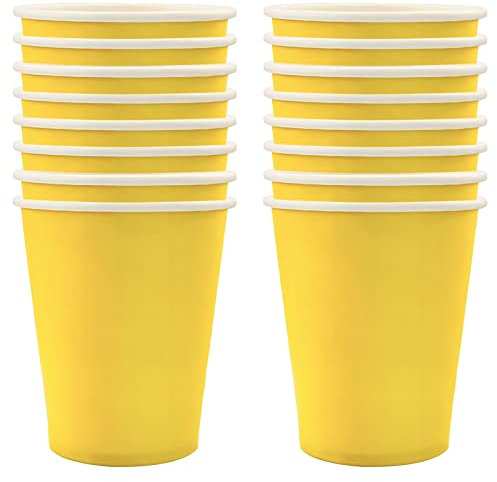 POPOYU 16 Pièces Gobelet Papier Jetable Jaunes,Table Papier Verre en Carton Joyeux Anniversaire,Gobelet de Fête Gobelet de Table en Gobelet Papier Mariage pour Cocktail,Boissons,Restauration