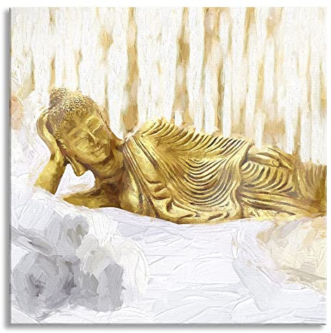 Pixxprint Glasbild, Wandbild auf Echtglas, goldener Buddha auf Handtuch Kunst, 80x80 cm, inkl. Aufhängung und Abstandshalter