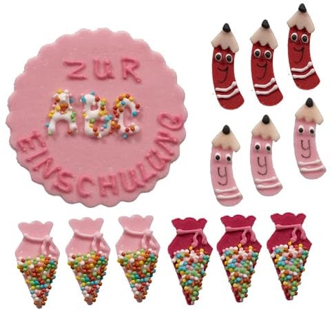 Kaffeehaus Diamant - großes Backdekor Set zur Einschulung - 1 Schild, 6 Schultüten und 6 Stifte - rosa, rot, pink - Zuckerdekoration zum Schulstart für Mädchen