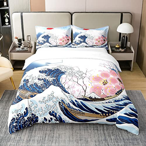 100% Gewaschene Baumwoll Ozeanwellen Bettdecke,Ukiyoe Bettwäsche Set Japanischer Stil 155x220,Rosa Cherry Blossoms Bettdecke,Meeres Nautische Natur Romantische Bett Sets mit1 Kissenbezug