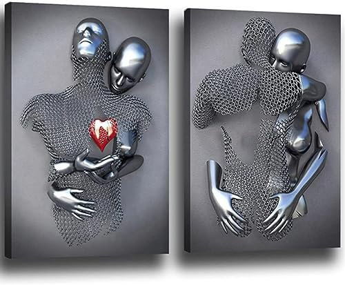 3D Liebhaber Skulptur Poster Metall Figur Statue Kunst Leinwand Gemälde Romantisch Abstrakt Poster und Drucke Modernes Wohnzimmer Heimdekoration - Ohne Rahmen (2pcs-50x70cm,Figur-2)