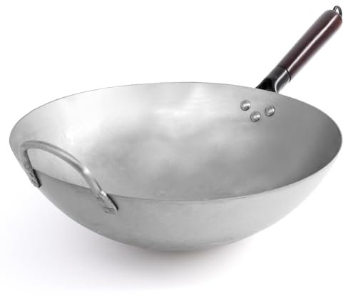 Joeji's Kitchen Wok in acciaio al carbonio 35 cm - Fondo tondo - Manico in legno rimovibile - Stile tradizionale martellato a mano - Padella Wok cinese robusta e pesante - Perfetta per piatti asiatici