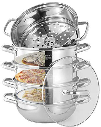 SABUIDDS 28cm Dampfgarer Fünf Etagen Dampfkocher Edelstahl Biodampfkocher mit Glasabdeckung, Dampftopf Induktion für alle Herdarten, Couscous Topf, Kochtopf für Gardampftopf Dampfkochtopf Induktion