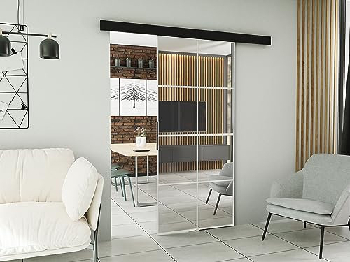 KIER FURNITURE Wandschiebetüren mit Spiegeln SOFI 100 – Schiebetür Komplettset Schiene Komplettset Mit Tür – Zimmertüren Mit Zarge Komplett - B106xH205xT1,6 cm - Weiß