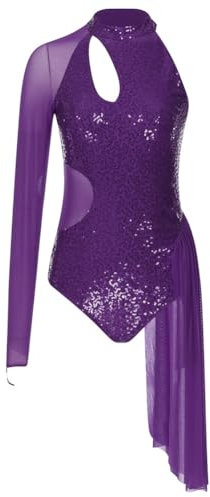 Vsadsau Asymmetrisches Chiffon-Tanzkleid für Damen, mit Pailletten, Ballett-Tutu, Skating, Trikot, Tanzkleid, violett, XX-Large