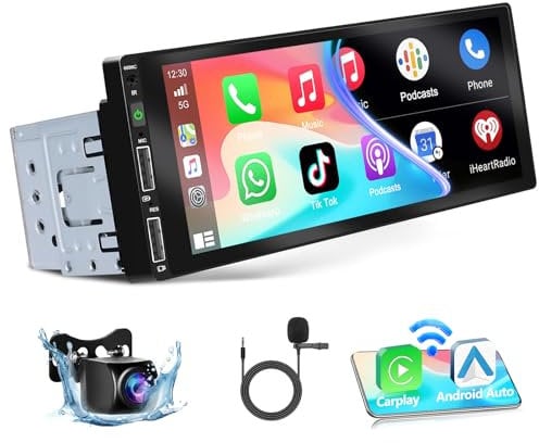 Podofo Autoradio 1 Din con Carplay Bluetooth Android Auto, Auto Radio con 6,86 Pollici Schermo Supporta Connessione Specchio FM, Telecamera Posteriore e Microfono