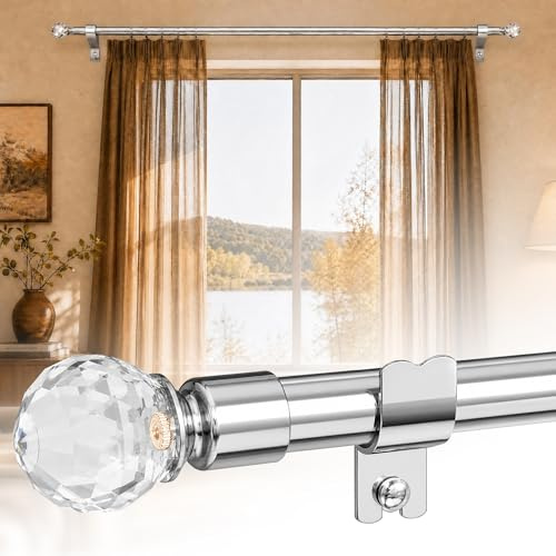 Curtain Poles, 1.6 cm Single Curtain Rods 76-157 cm, Curtain Poles for eyelet curtains for Bedroom, Door, Windows, Decorative Drapery Pole with Acrylic Diamond Finial, Silver