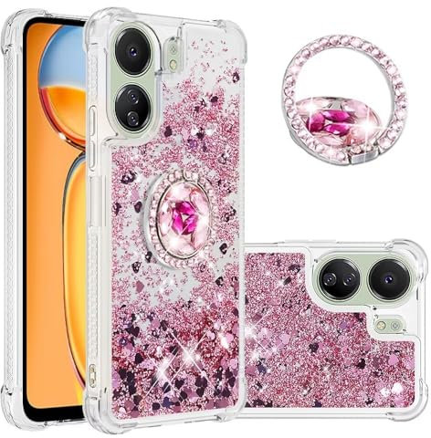 Bnvdfre Handyhülle für Xiaomi Redmi 13C 4G Hülle Glitzer 3D Bling Sparkle Treibsand Fließende Flüssigkeit TPU mit Rotating Ring Ständer Stoßfest Schutzhülle Case - Rose Gold Heart