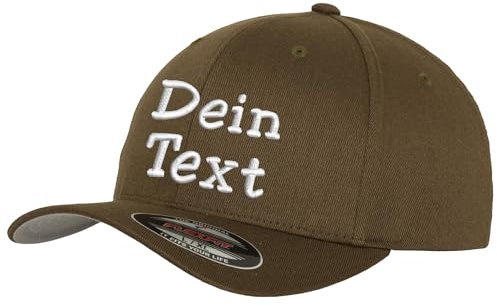 Flexfit Wooly Combed Basecap Bestickt mit Wunschtext (DE/NL/SE/PL, Alphanumerisch, S, M, Olive)