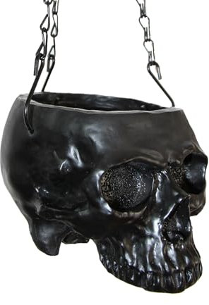 Poranlem Hängender Totenkopf-Pflanzgefäß, schwarz, gruseliges Skelett, Halloween-Heim-Gothic-Dekor mit Metallkettenhaken, Harz-Töpfe für Sukkulenten, Blumen, Horrorkopf, Wanddekoration