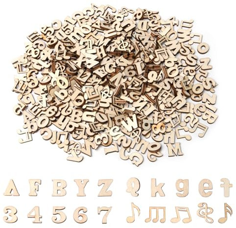 Rebanky 404 Stück Buchstaben Holz Klein Holzzahlen zum Basteln Musiknoten Deko Holz Notenschlüssel Deko 15mm mit Nummern 0-9 Groß-und Kleinbuchstaben für DIY Handwerk Scrapbooking Musik Party Hochzeit