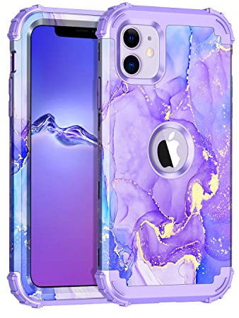 Petocase Compatible with iPhone 11 Case,Three Layer Heavy Duty Shockproof Full Body Protection Hard Plastic Bumper+Soft Silicone Protective Girls Cover Case for Apple iPhone 11 6.1 inch,Purple Marble