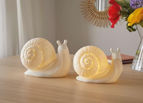Dekoleidenschaft 2X Dekofigur Schnecke aus Porzellan, weiß, mit LED Beleuchtung, Leuchtdeko, Porzellanfigur, Dekoleuchte