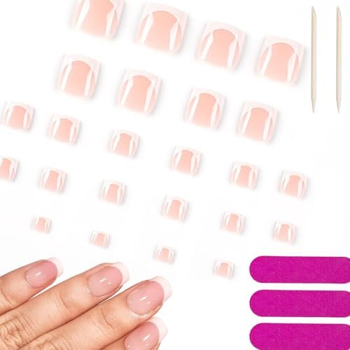 24 Pcs French False Toenails Tips, Full Cover Short Fake Toe Nails with Glue, Natural Press on Toenails, Stick on Toenails with Nail Files, Nude Short Fake Toe Nails for Women
