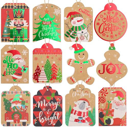Geschenkanhänger Weihnachten-96 Stück Weihnachten Kraftpapier Geschenk Etiketten, Christmas Tags, Anhänger Weihnachten mit Schnur, Namensschilder für Weihnachts Geschenk Label Präsentieren Dekoration