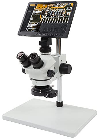 Microscopio Estéreo Trinocular, Conexión USB Pantalla LCD de 10,1 Pulgadas Cámara de Microscopio Trinocular Aleación de Aluminio 3.5X-50X Grabación de Video 1080P para