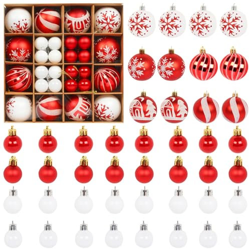 MHwan Palline di Natale, 44 Pezzi Palline di Natale Rosse Bianche Splendidamente Dipinte, Infrangibili e Durevoli, Decorazioni Scintillanti per Addobbi Albero di Natale, 6 cm e 3 cm