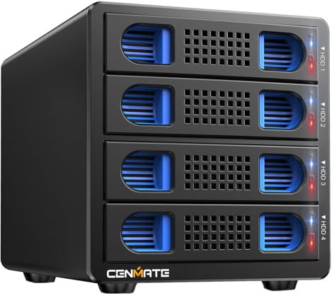 Boîtier de Disque Dur, CENMATE Boîtier Raid 4 Baies avec Ventilateur pour Disque Dur/SSD SATA 2,5/3,5, Câble USB A/C 3.0+eSATA, Boîtier HDD 3.5 Soutien Capacité 80To, 8 Modes Raid, DAS (Pas DE NAS)