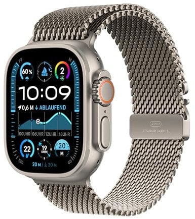 Apple Watch Ultra 2 (GPS + Cellular 49 mm) Smartwatch, Sportuhr mit Titangehäuse in Natur und Milanaise Armband in Titan Natur (L). Fitnesstracker, präzises GPS, Actiontaste, CO₂ neutral