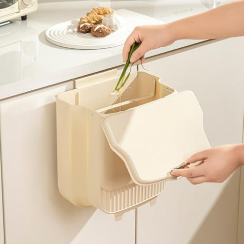 Foldable Hanging Trash Bin with Lid, 10L Kitchen Waste Bin Hanging with Sliding Lid, Plastic Cupboard Bins for Kitchen Cabinet Door, Motorhome, Bathroom, Bedroom, Living Room, Office (beige)