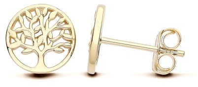 9ct Yellow Gold on 925 Sterling Silver Tree of Life Stud Earrings Ladies Girls