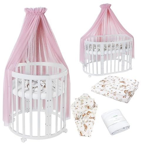 Waldin Oval Baby-Bett Mitwachsend Komplett Set 7in1, Gitterbett, Kinderbett mit Matratze, Wickelkommode, Beistellbett, Holz Weiß, Stoffe Rosa Tiere
