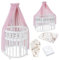Waldin Oval Baby-Bett Mitwachsend Komplett Set 7in1, Gitterbett, Kinderbett mit Matratze, Wickelkommode, Beistellbett, Holz Weiß, Stoffe Rosa Tiere