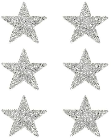 PATIKIL Iron on Star Patches, 6pcs Adhesive Applique Stars Silver Rhinestone Glitter Crystal Stickers Patch Fabric Embellishments for DIY Crafts Clothing Jeans Repair, Silver White 6cm