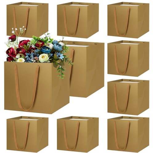 LVNRIDS 10 PCS Gift Bags 7.9 inch Square Medium Paper Tote Treat Bag for Wedding Birthday Christmas Party Shopping Flower Bridesmaid Graduation Gold