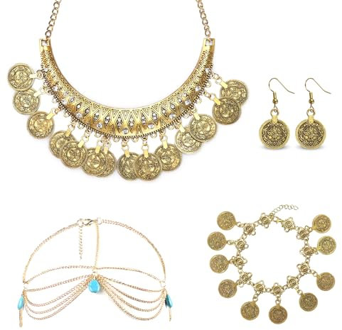 Oerphh 5 Stück Damen Schmuck Wahrsagerin Accessoires,Wahrsagerin Schmuck Set mit Goldene Kopfketten,Boho-Stil Halsketten,Armbänder,Ohrringe,Bauchtanz Kostüm Schmuck für Mottoparty Karneval