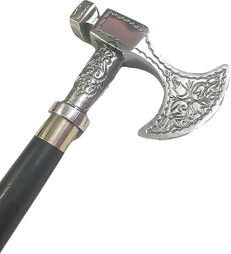 Handmade Wooden Black Plain Walking Stick Cane with Victorian Silver Brass Axe Head Handle Cane