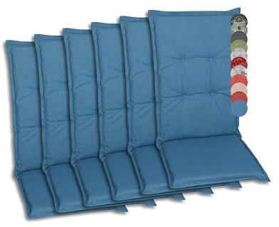GO-DE Textil Bequeme und attraktive Polsterauflagen für Hochlehner-Gartenstühle (6er-Set, Design: Uni Blau)