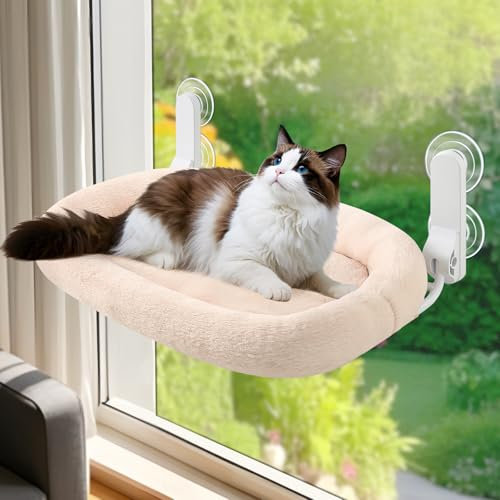GUUSII HOME Hamac Chat Fenetre Panier Suspendu et Perchoir pour Grande Chats Lit Etagere de Fenêtre Pliable Transat Facile à Monter Housse Lavable en Machine avec Ventouses Support 18kg (Champagne, M)
