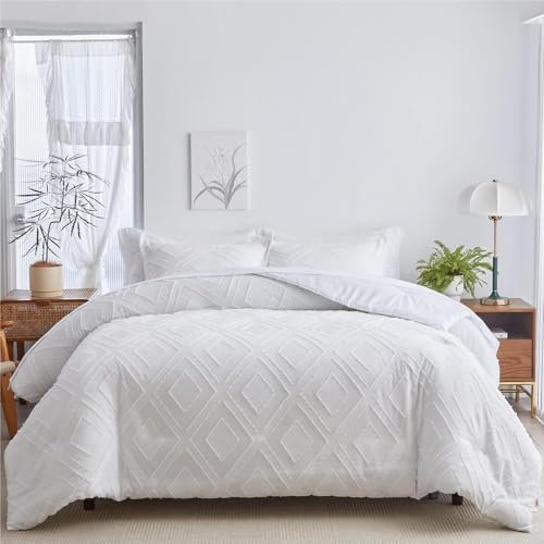 Freyamy Böhmen Bettwäsche 135x200cm 2teilig Weiß Getuftet Stickerei Geometrische Boho Chic Bettwaren-Sets 100% Microfaser Mädchen Bettbezug mit Reißverschluss und Kissenbezug 80x80cm