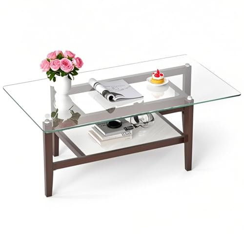 LIFEZEAL Mesa de Centro, Mesa Auxiliar de Café, Mueble para Salón, Madera Maciza y Cristal Templado, 2 Estantes, Vintage, Marrón Rústico (107 x 60 x 42 cm)