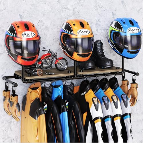 Yitexin Motorcycle Helmet Holder, Helmet Stand with 4 Clips, Helmet Hanger Wall Mount for Motorcycle Accessories Storage (3 Shelves)