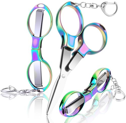 3 Pcs Folding Stainless Steel Portable Mini Badge Scissors with 3 Keychains, Safety Foldable Pocket Travel Small Scissors All Purpose for Nurse Accessories, Travel, Office, Craft, Sewing, Home (Color)