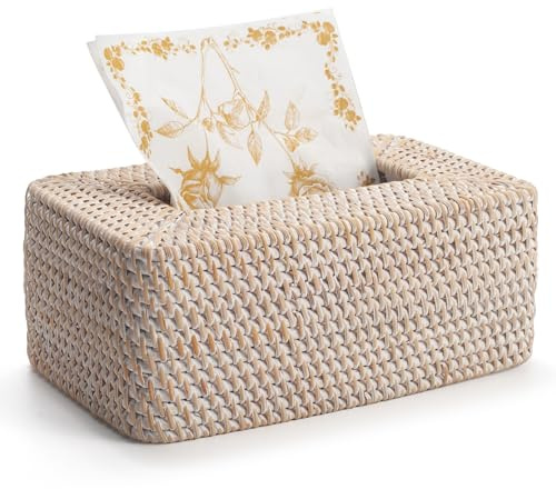 Kosmetiktücherbox aus Rattan, Geflochtener Tücherbox Halter Rechteckig, Gewebter Gesichtstuchhalter, Dekorative Taschentuchbox für Küche, Wohnzimmer, Badezimmer (Weiß)