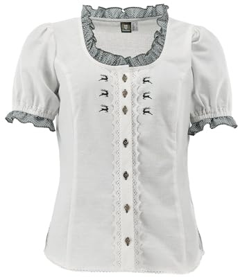 OS Trachten Damen Bluse Kurzarm Trachtenbluse mit Rundhalsausschnitt Fluspi
