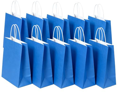 SHUBEIEUMI 10 Sacs Cadeaux en Kraft Avec Poignées,Bleu Roi | 21x15x8 cm Petite Taille Sacs en Papier pour Anniversaires, Mariages