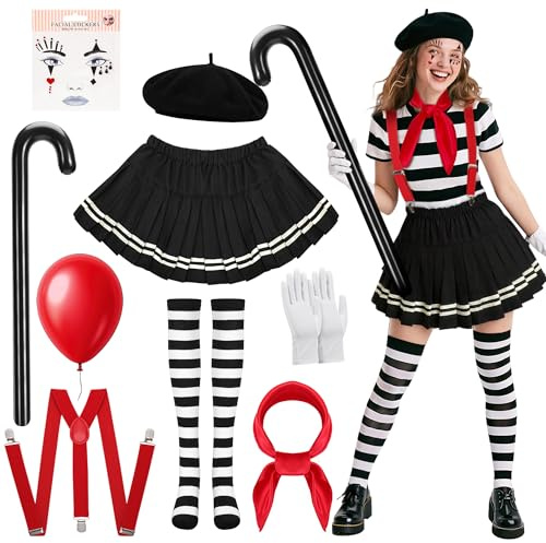 ImnBest 10 Stück Karneval Pantomime Kostüm Damen, Schwarze Baskenmütze, Gesichtstattoo, Schwarzer Rock, Filzaufnäher für Kleidung, Aufblasbare Gehstock & Ballon, clown kostüm damen, Karneval Kostüm